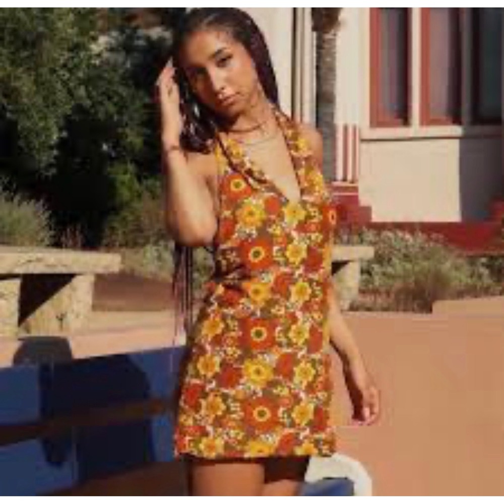 Her Pony The Label Floral Halter Top Orange Yellow Brown Retro 70s Style Size 14